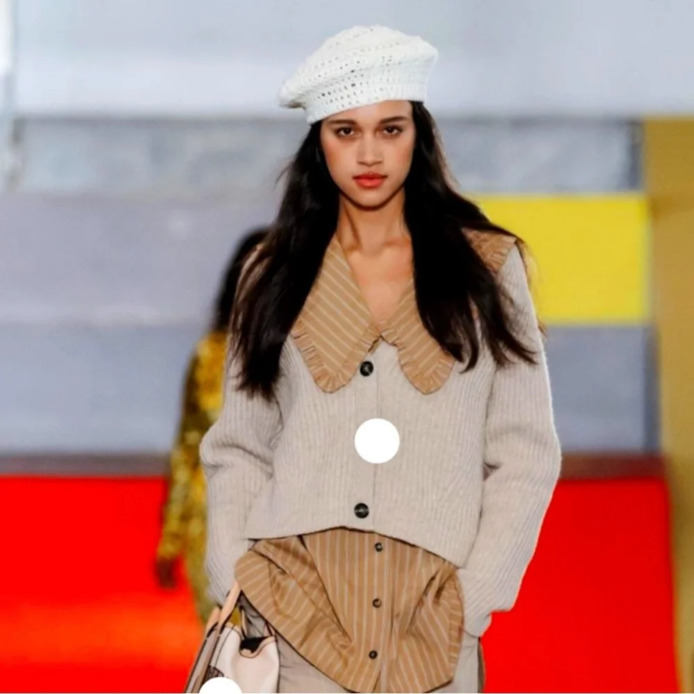 NEW GANNI Crochet Beret Hat Ivory Silver Disc Detail Women's One Size